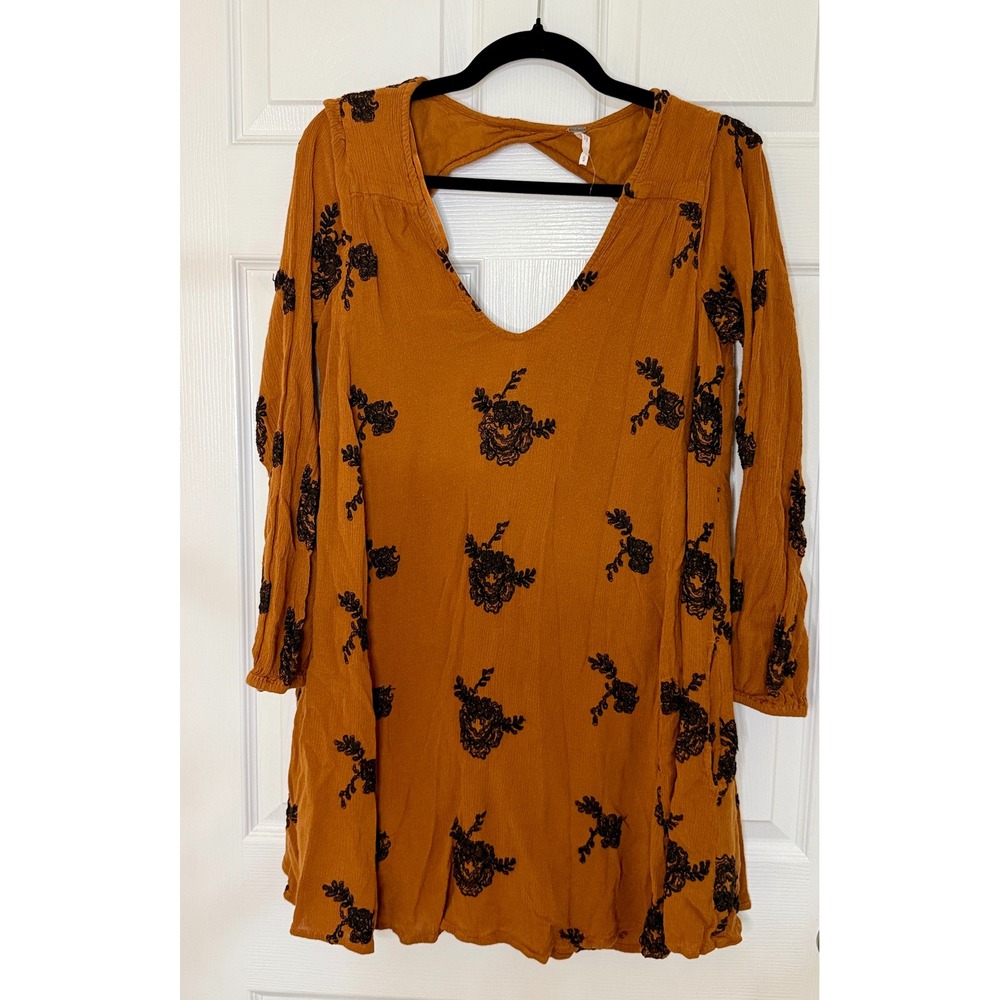 Free People‎ Tunic Dress Women XS Burnt Orange Embroidered Boho Cutout Back